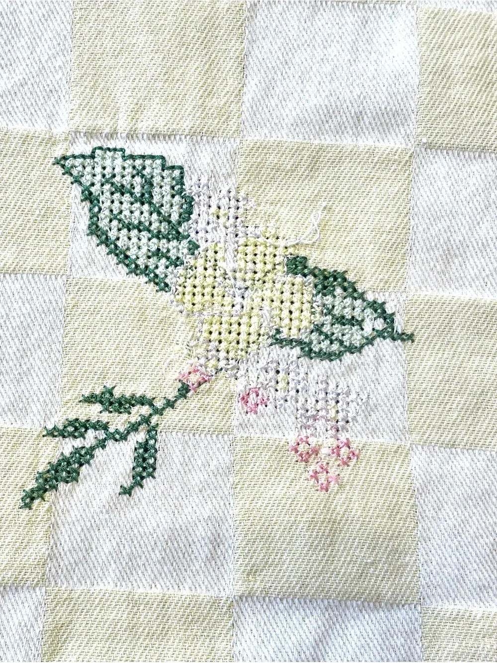 Vtg Yellow White Checkerboard Tablecloth Floral Cross Stitch 78